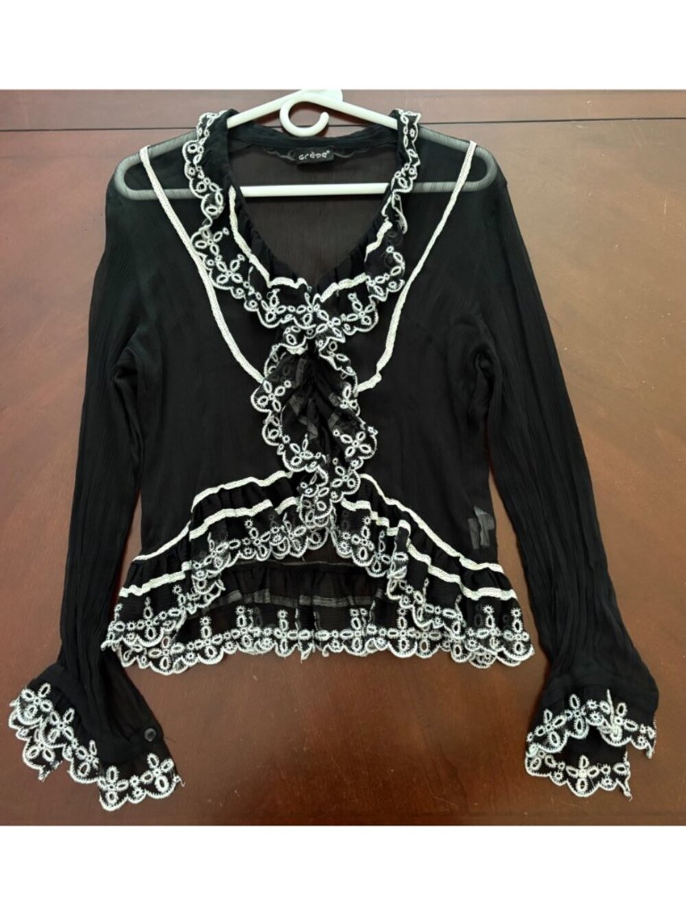 Vintage Silk Black Sheer Ruffle Whimsigoth Romantic Boho Blouse Top Medium* - Picture 7 of 12